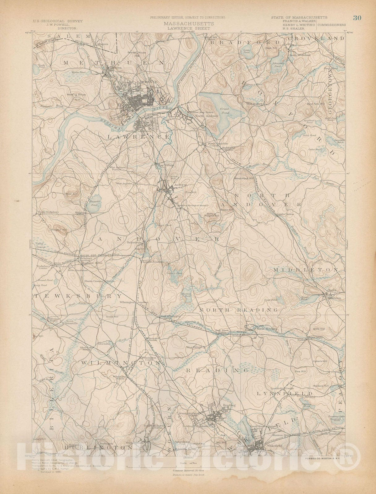 Historic Map : Atlas of Massachusetts, Andover & Lawrence & North Andover & Reading & Wakefield 1890 Page 30 , Vintage Wall Art
