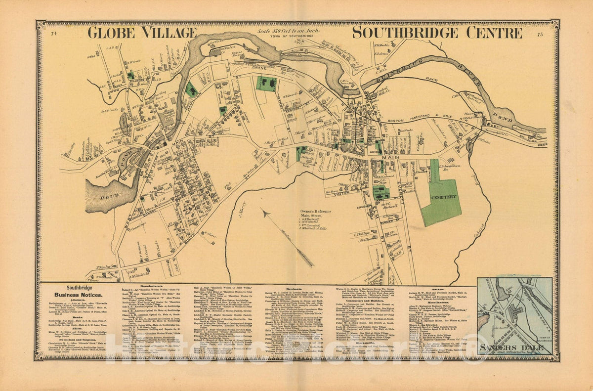 Historic Map : Atlas of Worcester County, Massachsuetts, Southbridge 1870 , Vintage Wall Art
