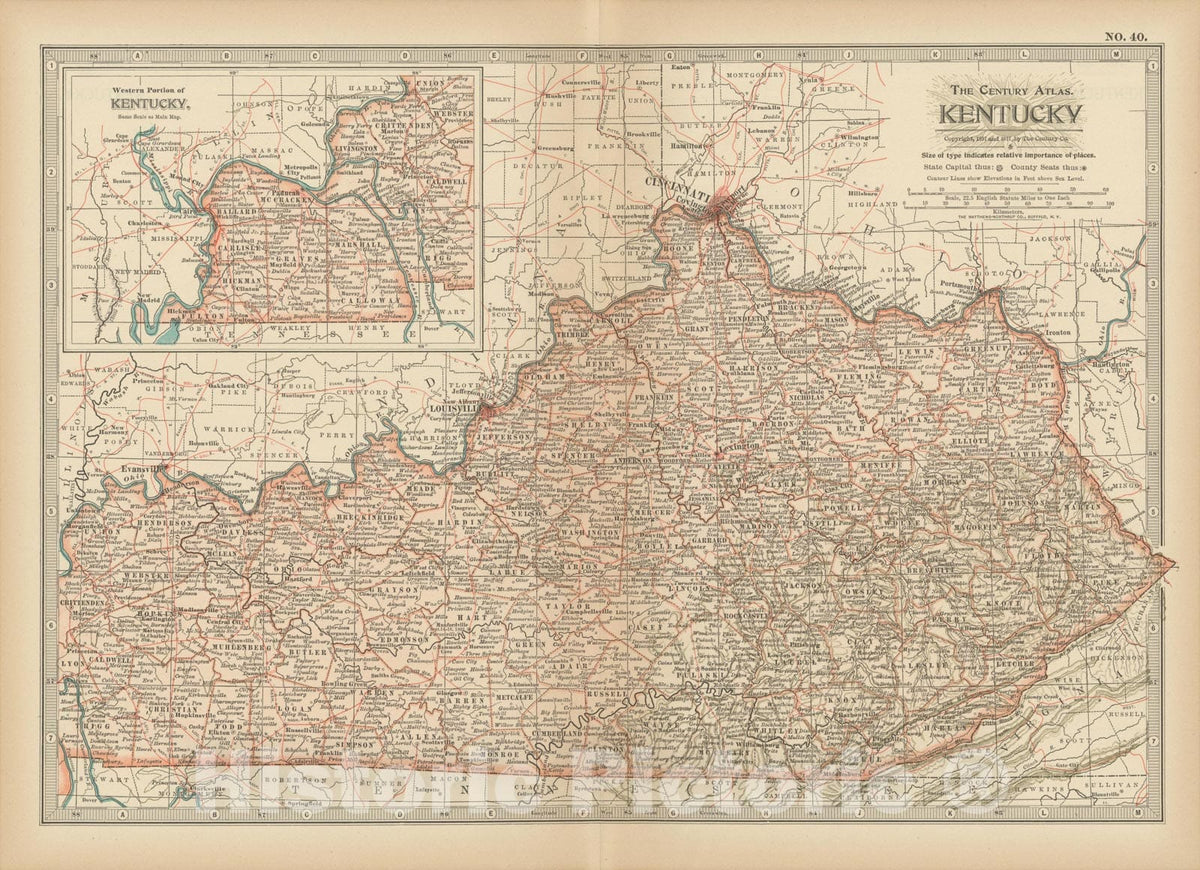 Historic Map : Kentucky 1914 , Century Atlas of the World, Vintage Wall Art