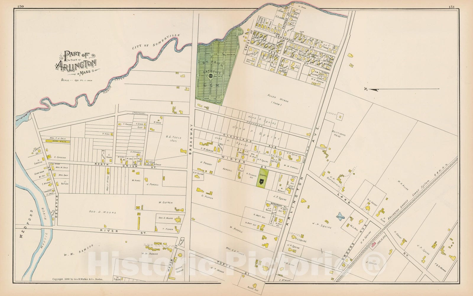 Historic Map : Atlas of Middlesex County, Massachusetts, Arlington 1889 , v5, Vintage Wall Art