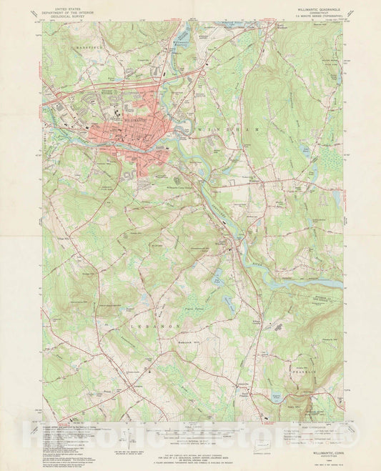 Historic Map : USGS 7.5 Minute Sheets and Quadrangles, Lebanon & Willimantic & Windham 1984 Topographic Map , Vintage Wall Art