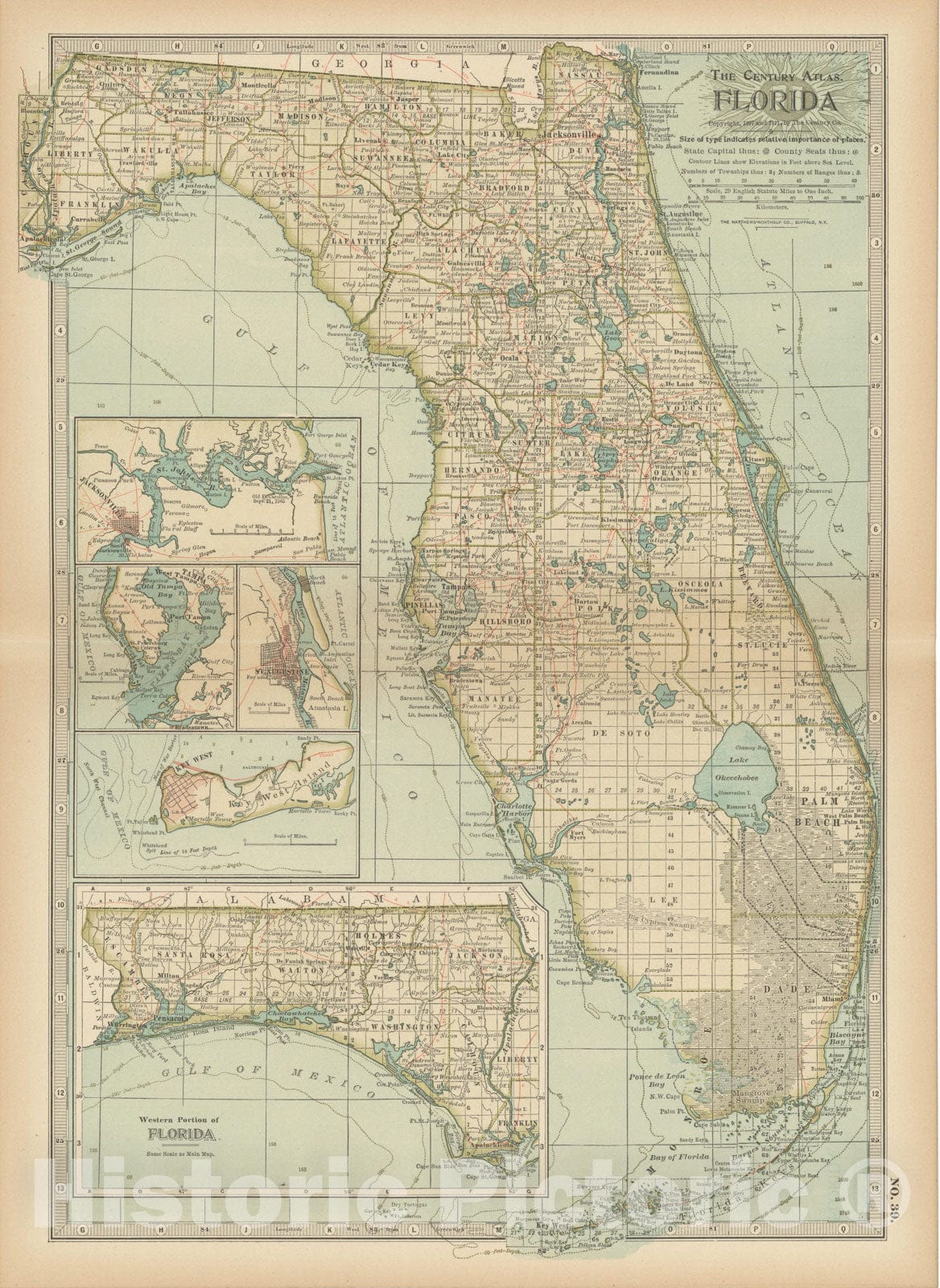 Historic Map : Florida 1914 , Century Atlas of the World, Vintage Wall Art