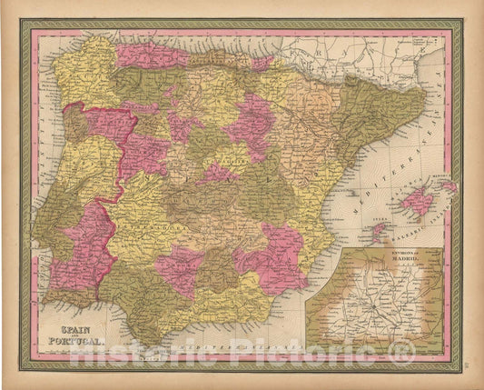 Historic Map : Spain & Portugal 1847 , A New Universal Atlas of the World , Vintage Wall Art