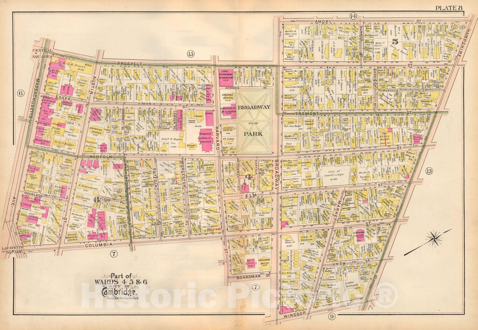 Historic Map : Atlas City of Cambridge, MA, Cambridge 1903 Plate 008 , Vintage Wall Art