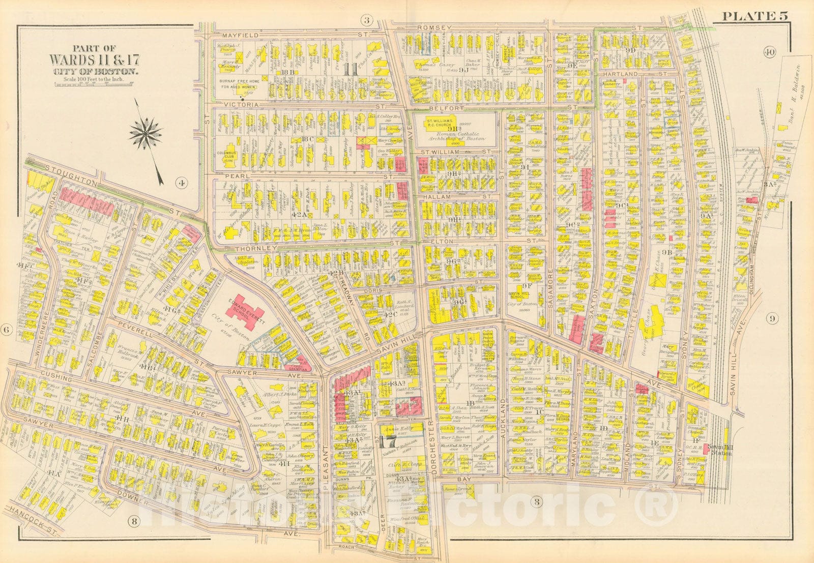 Historic Map : Atlas City of Boston, Dorchester, Dorchester 1918 Plate 005 , Vintage Wall Art