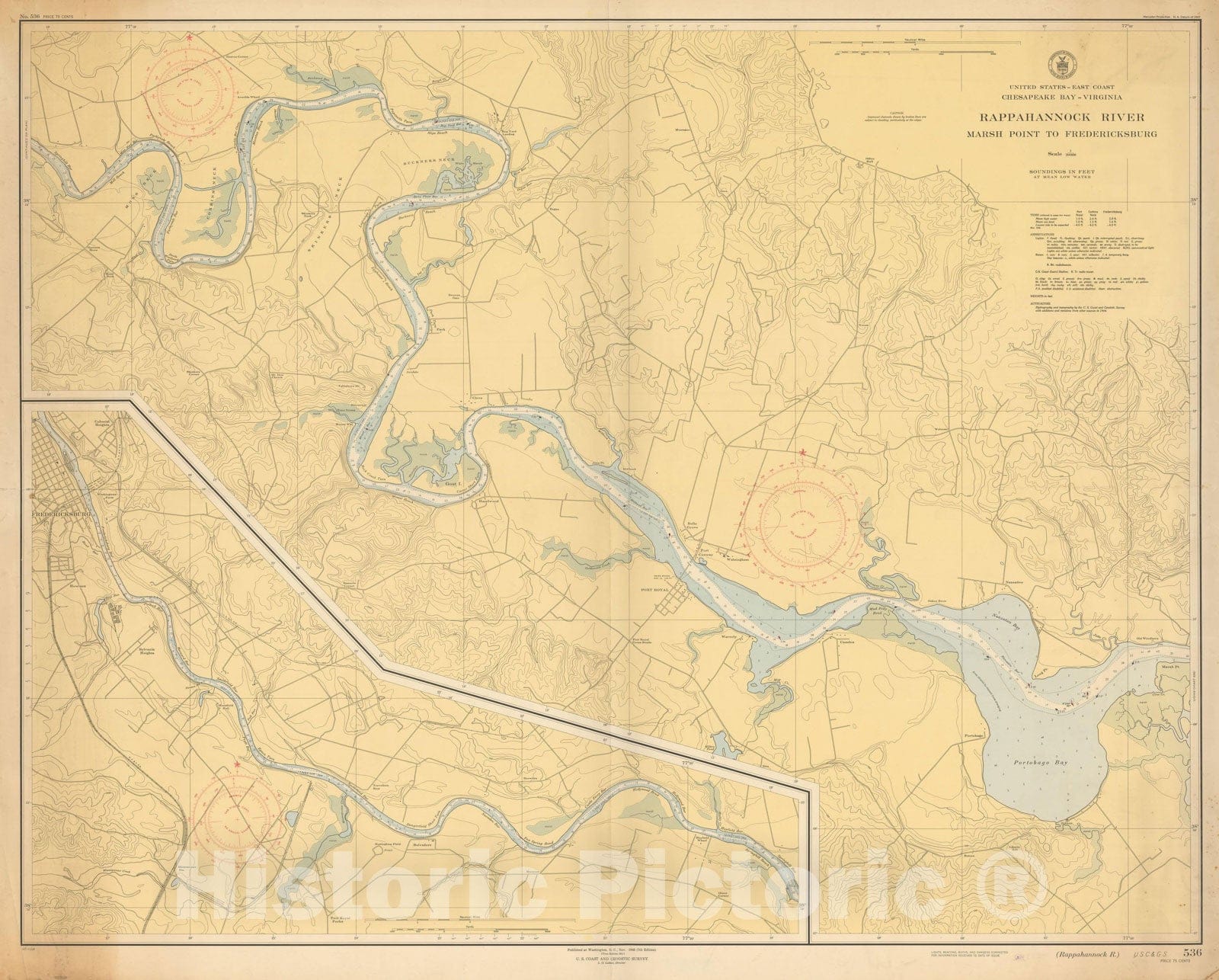 Historic Map : Coastal Charts - Virginia: Rappahannock R from Marsh Pt to Fredericksburg 1946 , Vintage Wall Art