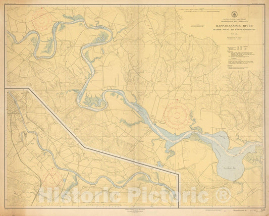 Historic Map : Coastal Charts - Virginia: Rappahannock R from Marsh Pt to Fredericksburg 1946 , Vintage Wall Art