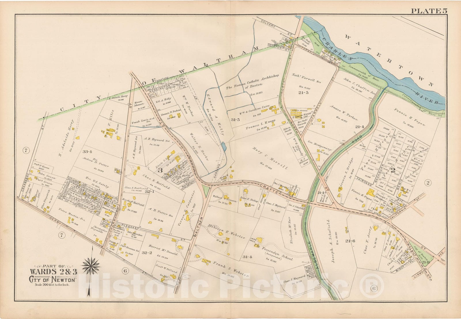 Historic Map : Atlas City of Newton, MA, Newton 1907 Plate 005 , Vintage Wall Art