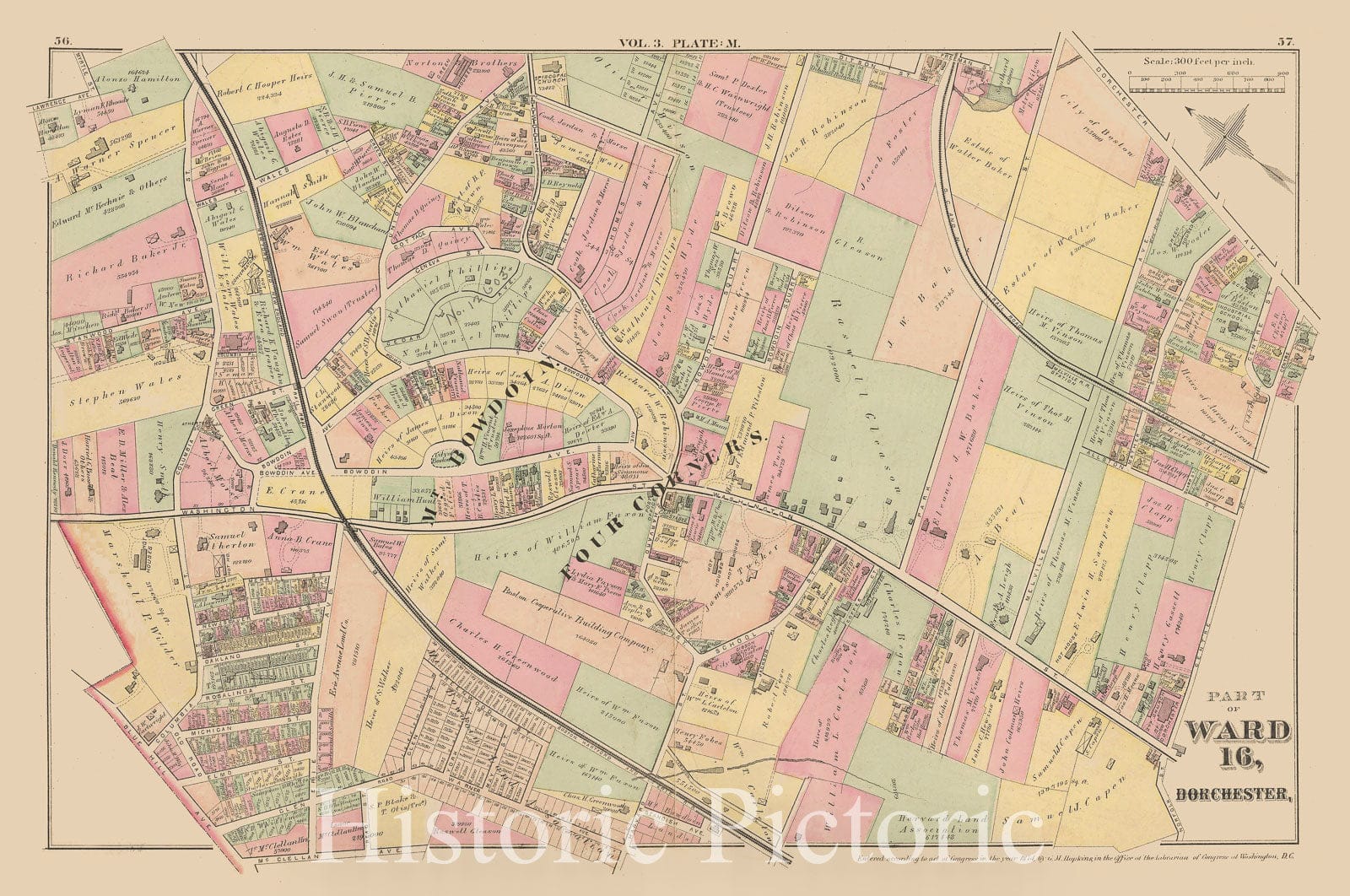 Historic Map : Atlas of County of Suffolk, MA Vol. 3rd, Dorchester 1874 Plate M , v2, Vintage Wall Art