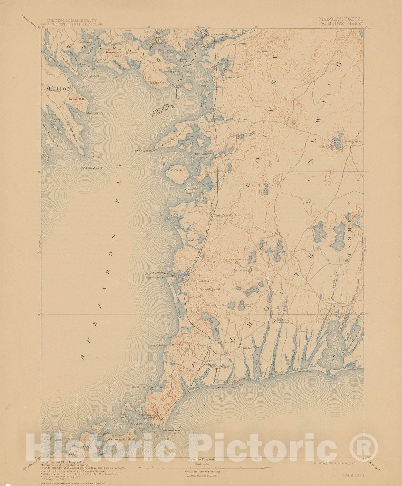 Historic Map : USGS 7.5 Minute Sheets and Quadrangles, Falmouth 1915 Topographic Map , Vintage Wall Art