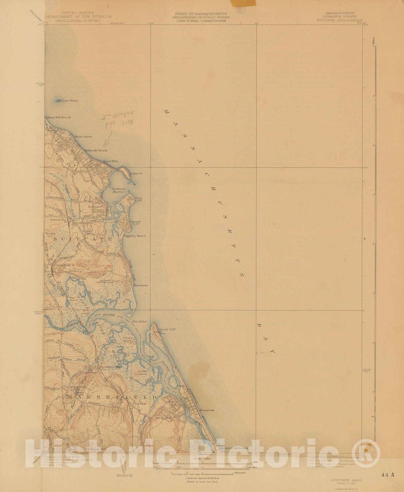 Historic Map : USGS 7.5 Minute Sheets and Quadrangles, Marshfield & Scituate 1940 Topographic Map , Vintage Wall Art