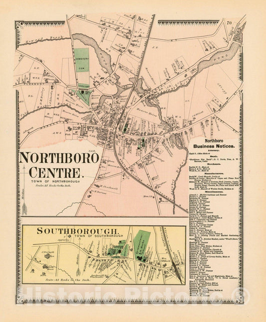 Historic Map : Atlas of Worcester County, Massachsuetts, Northborough & Southborough 1870 , Vintage Wall Art