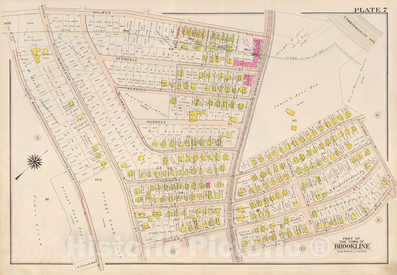 Historic Map : Atlas Town of Brookline, Brookline 1907 Plate 007 , Vintage Wall Art