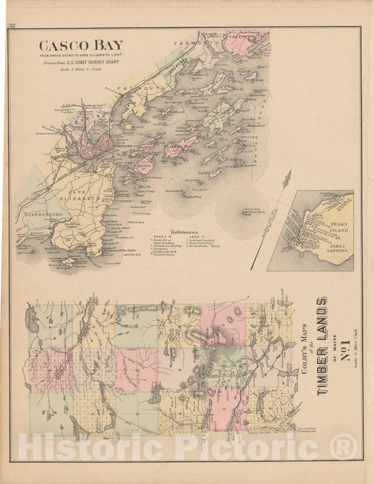 Historic Map : Atlas of Maine, Casco Bay and Timberlands 1885 , v2, Vintage Wall Art
