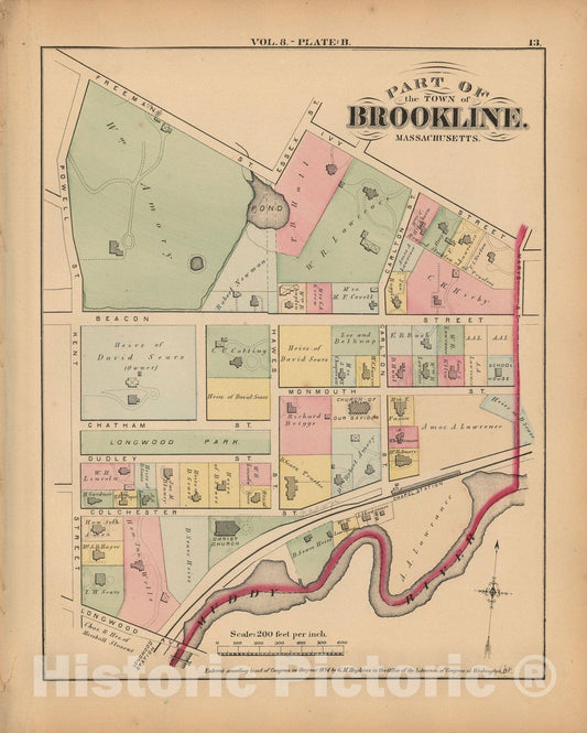 Historic Map : Atlas Town of Brookline, Brookline 1874 Plate B , Vintage Wall Art