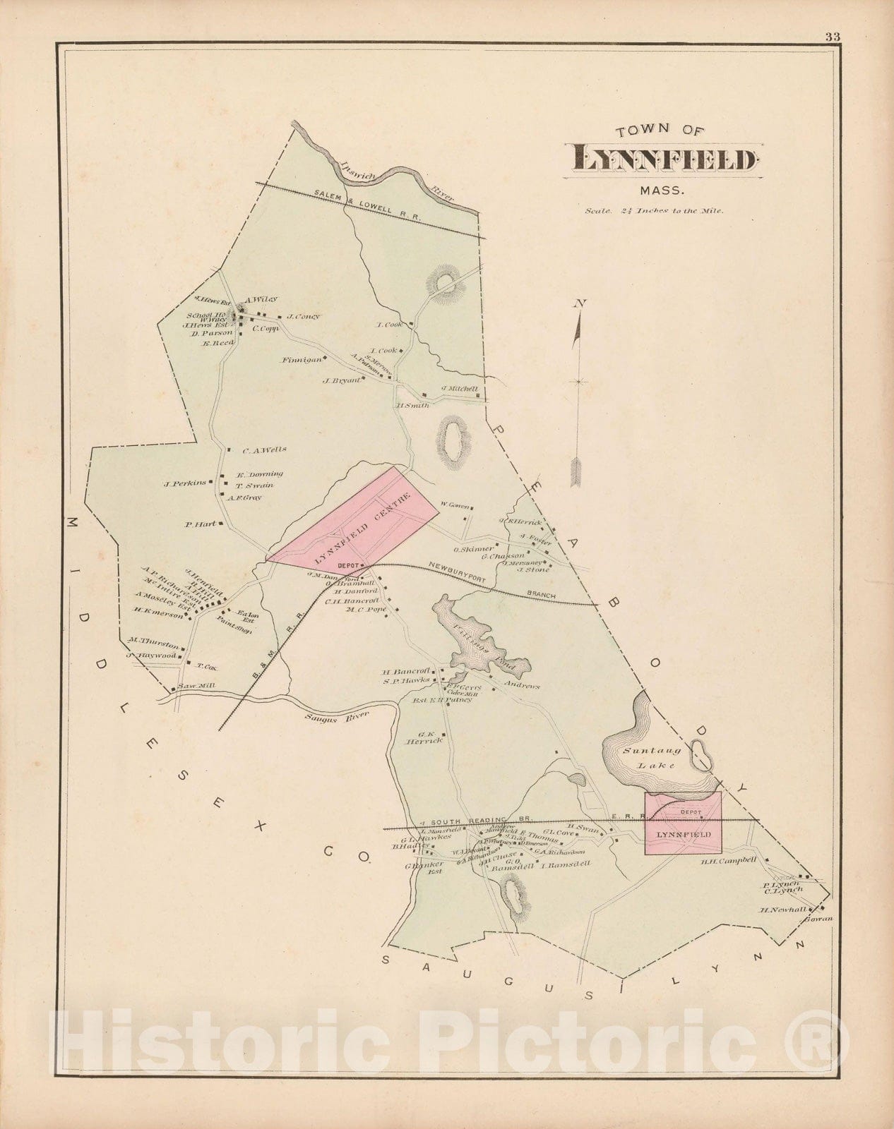 Historic Map : Atlas of Essex County, Lynnfield 1884 , v3, Vintage Wall Art