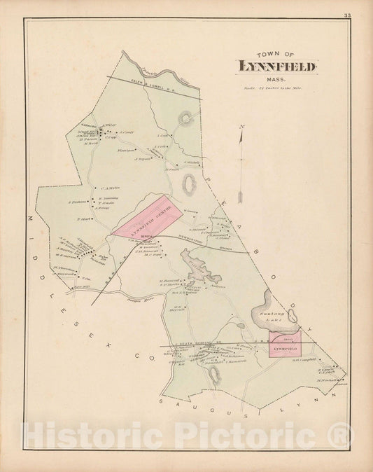 Historic Map : Atlas of Essex County, Lynnfield 1884 , v3, Vintage Wall Art