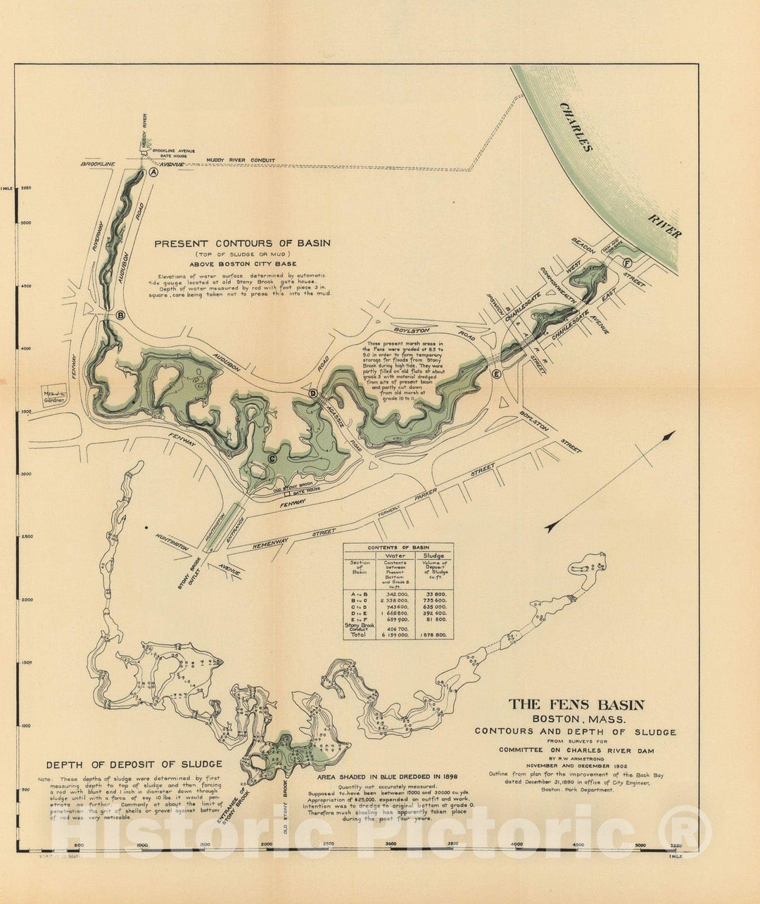 Historic Map : The Fens Basin 1902 Charles River Dam Report , Vintage Wall Art