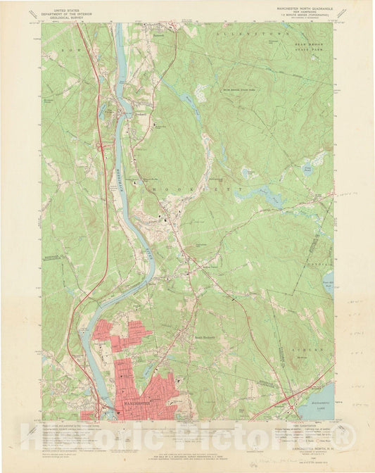 Historic Map : USGS 7.5 Minute Sheets and Quadrangles, Hooksett & Manchester 1968 Topographic Map , Vintage Wall Art