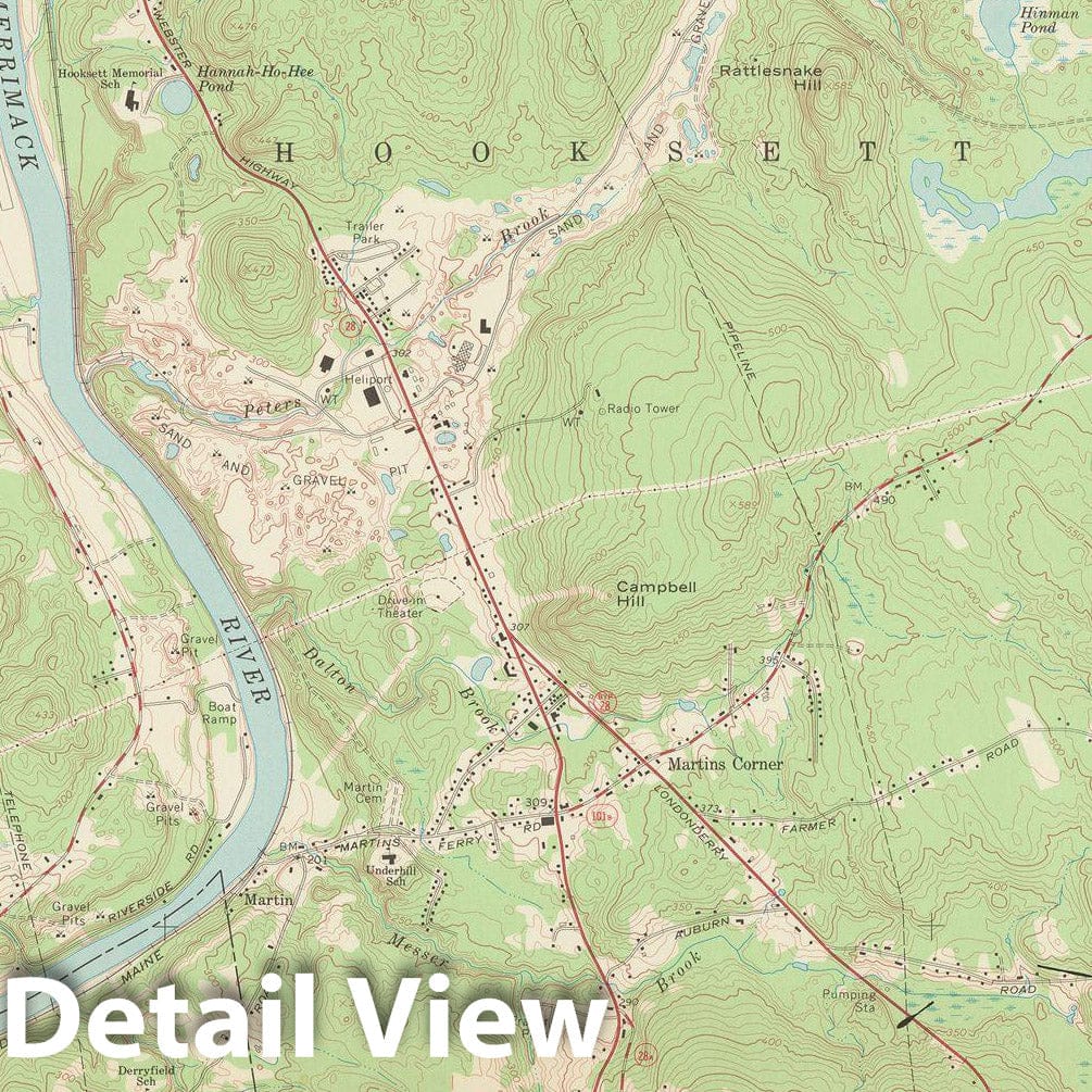 Historic Map : USGS 7.5 Minute Sheets and Quadrangles, Hooksett & Manchester 1968 Topographic Map , Vintage Wall Art