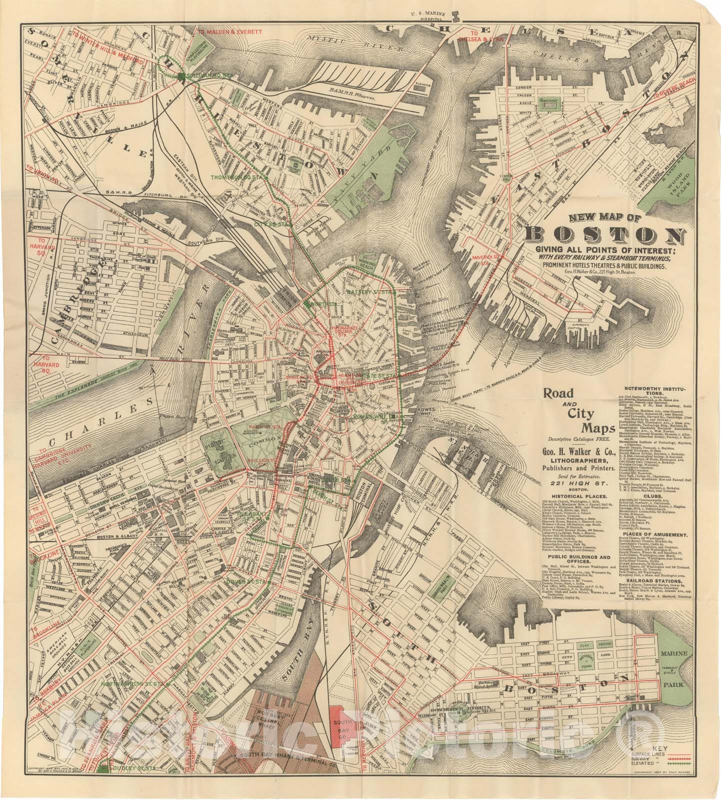 Historic Map : Boston Walker Pocket Maps, 1905 , v2, Vintage Wall Art