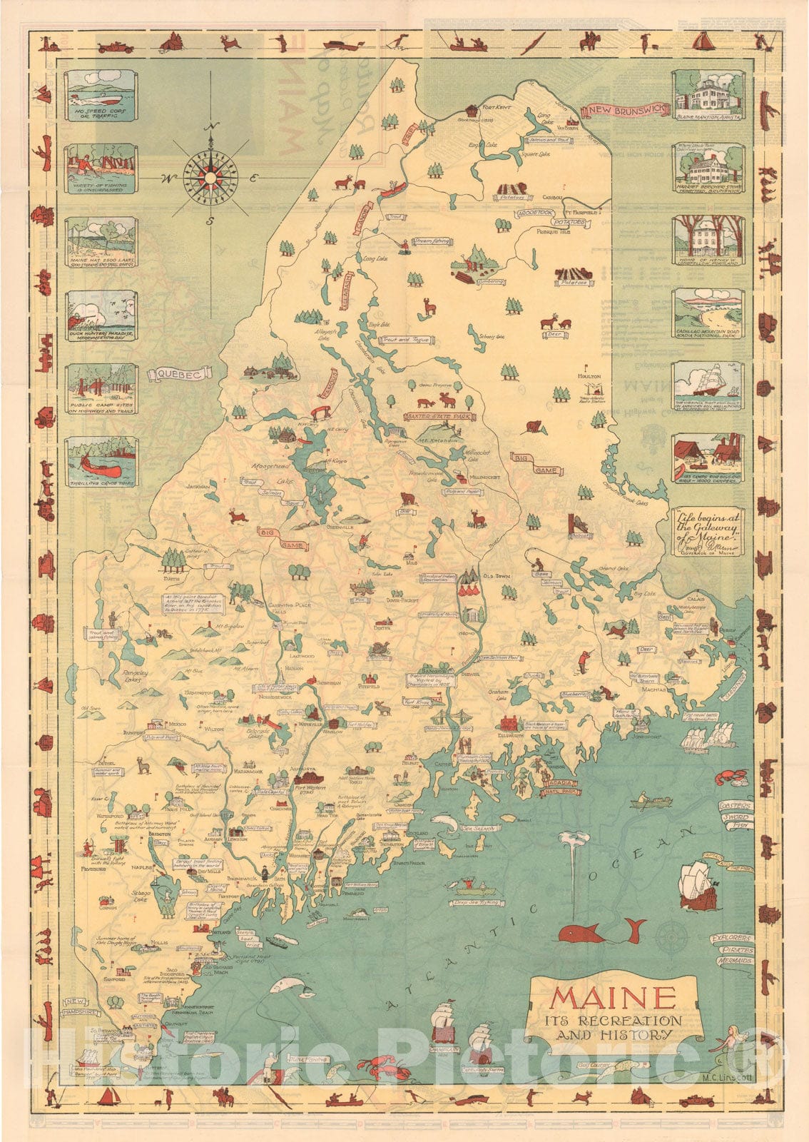Historic Map : Maine: Its Recreation and History 1935 , Vintage Wall Art