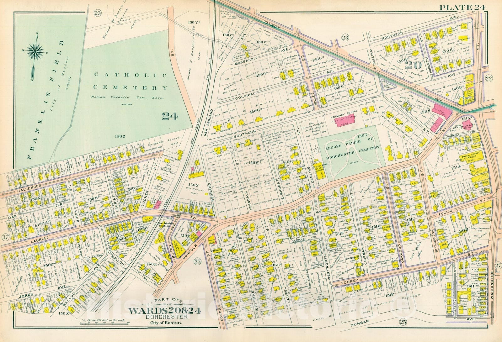 Historic Map : Atlas City of Boston, Vol. 5, Dorchester, 4th Ed., Dorchester 1904 Plate 024 , Vintage Wall Art