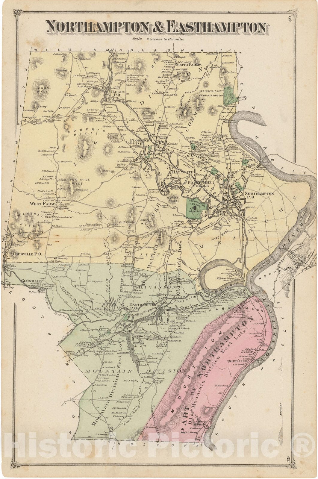Historic Map : Atlas of Hampshire County Massachusetts, Easthampton & Northampton 1873 , Vintage Wall Art