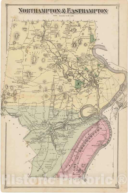 Historic Map : Atlas of Hampshire County Massachusetts, Easthampton & Northampton 1873 , Vintage Wall Art