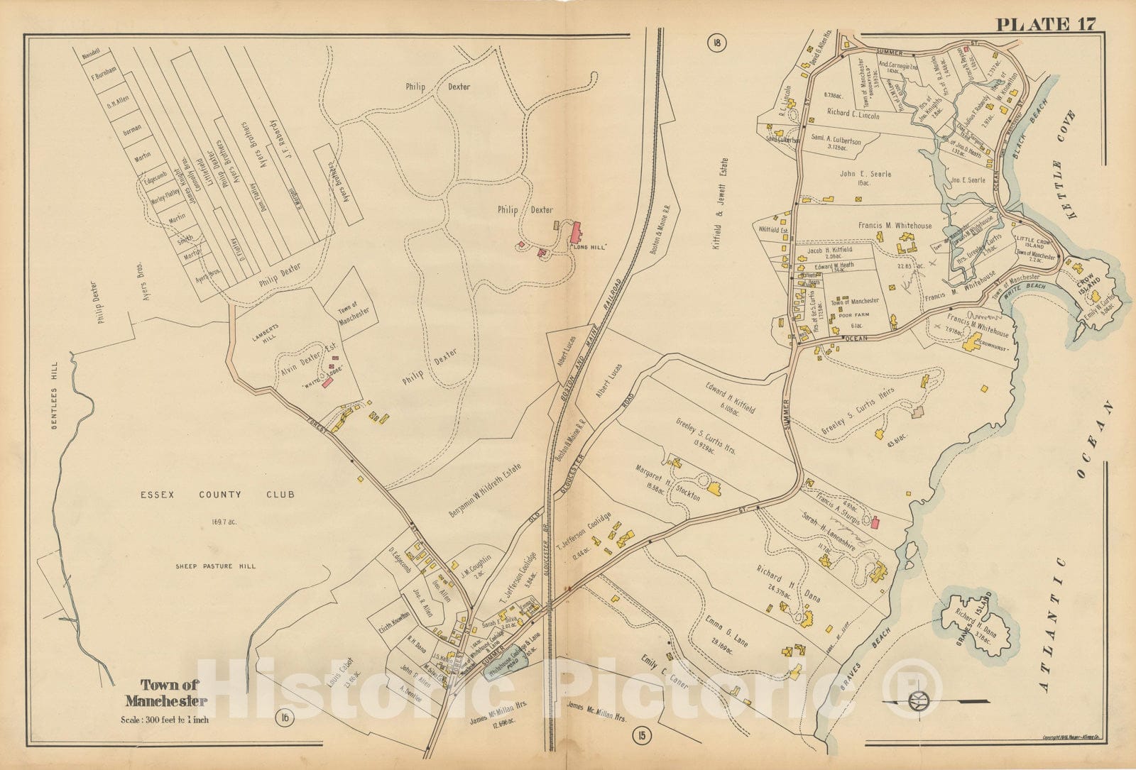 Historic Map : Atlas North Shore, Beverly to Magnolia, Essex County, Manchester & Manchester By The Sea 1919 Plate 017 , Vintage Wall Art