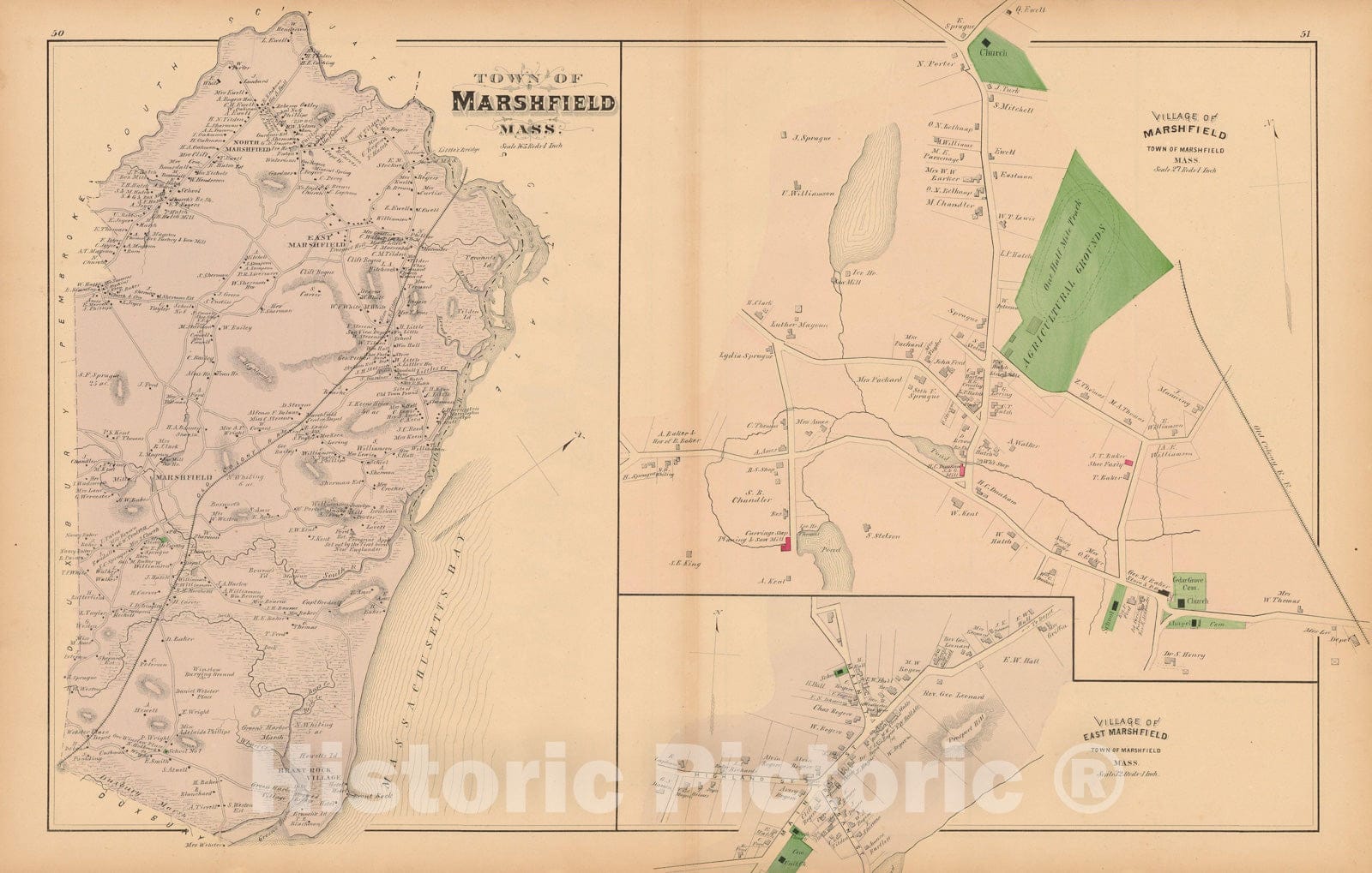 Historic Map : Atlas of Plymouth County Massachusetts, Marshfield 1879 , v2, Vintage Wall Art