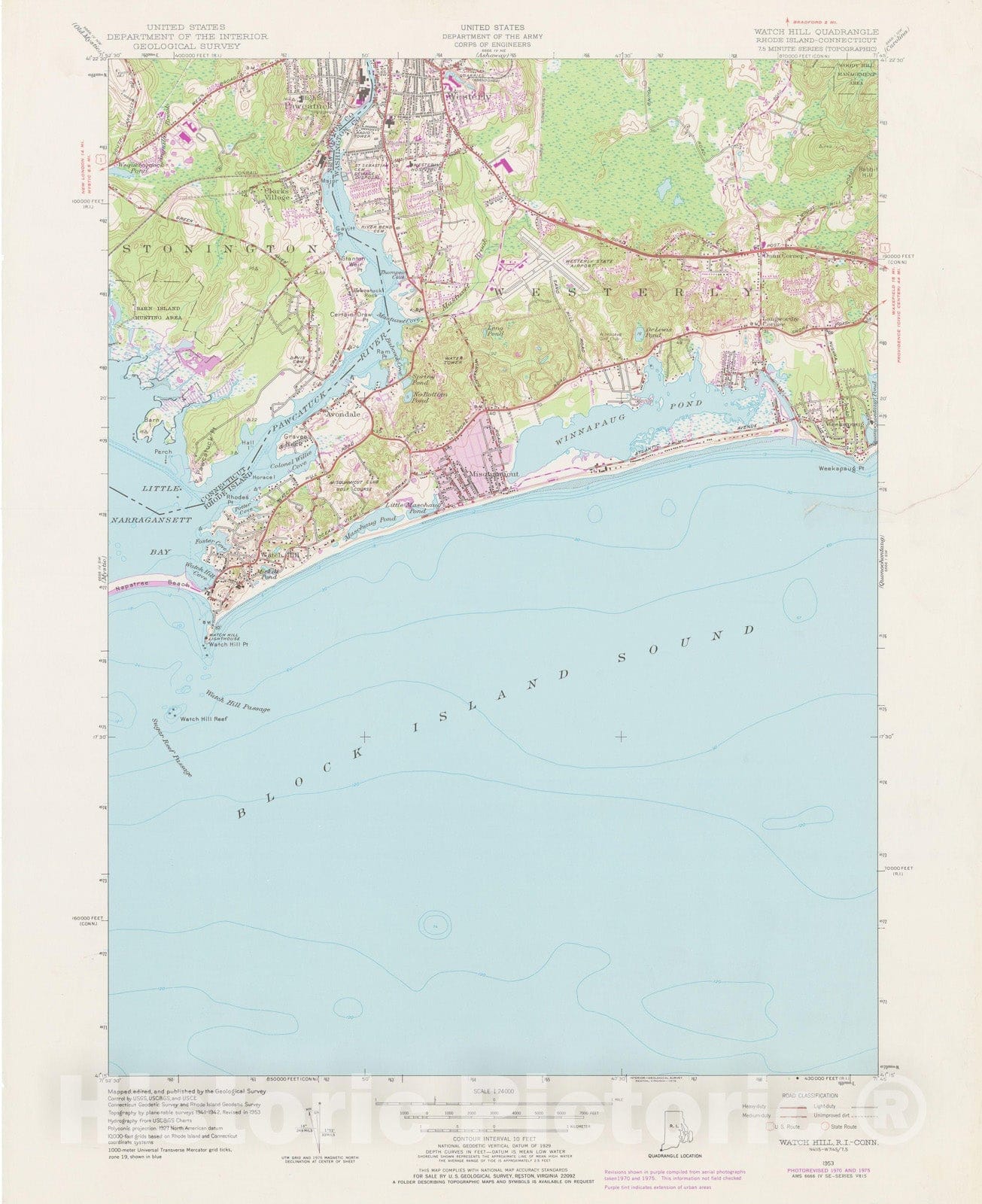 Historic Map : USGS 7.5 Minute Sheets and Quadrangles, Pawcatuck & Stonington & Westerly 1975 Topographic Map , Vintage Wall Art