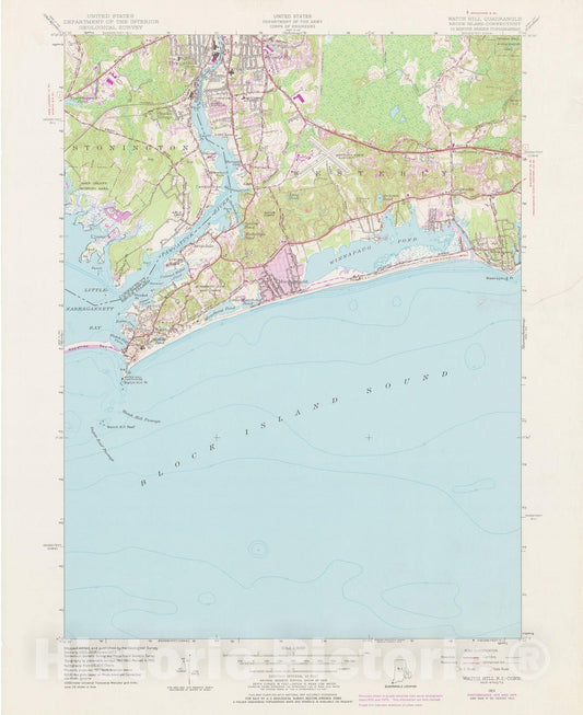 Historic Map : USGS 7.5 Minute Sheets and Quadrangles, Pawcatuck & Stonington & Westerly 1975 Topographic Map , Vintage Wall Art