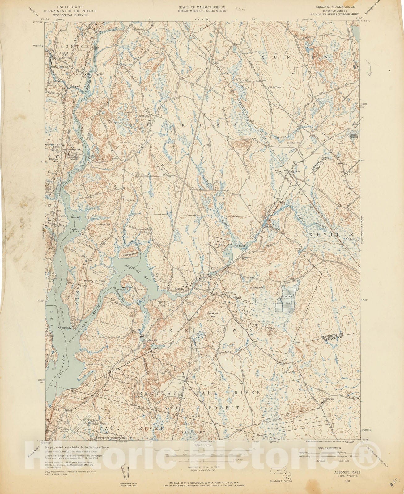 Historic Map : USGS 7.5 Minute Sheets and Quadrangles, Berkley & Dighton & Freetown 1951 Topographic Map , Vintage Wall Art