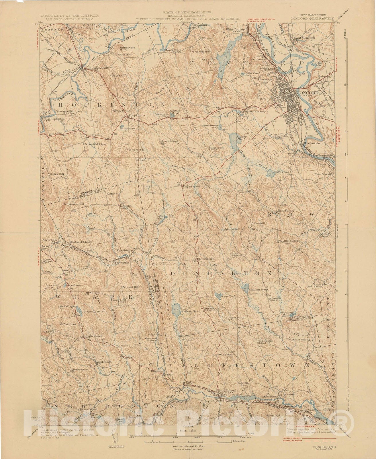 Historic Map : USGS 7.5 Minute Sheets and Quadrangles, Bow & Concord & Hopkinton 1927 Topographic Map , Vintage Wall Art