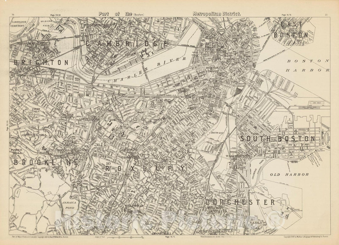 Historic Map : Brighton & Brookline & Cambridge & Dorchester & Roxbury & South Boston 1908 , Northeast U.S. State & City Maps , Vintage Wall Art