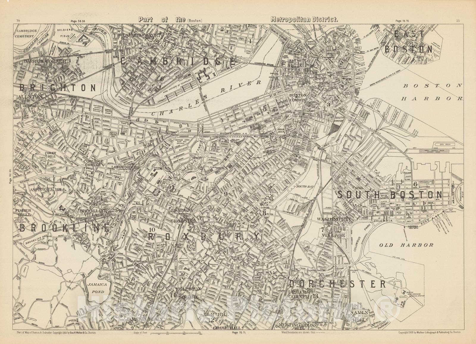 Historic Map : Brighton & Brookline & Cambridge & Dorchester & Roxbury & South Boston 1908 , Northeast U.S. State & City Maps , Vintage Wall Art