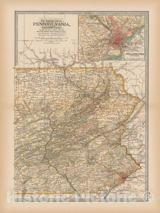 Historic Map : Pennsylvania 1897 , The Century Atlas World , v2, Vintage Wall Art