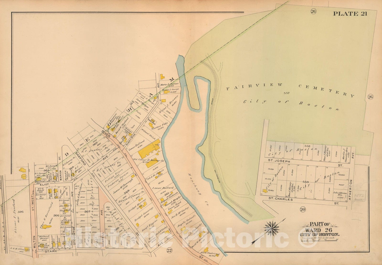Historic Map : Atlas City of Boston Ward 26 Hyde Park, Hyde Park 1912 Plate 021 , Vintage Wall Art