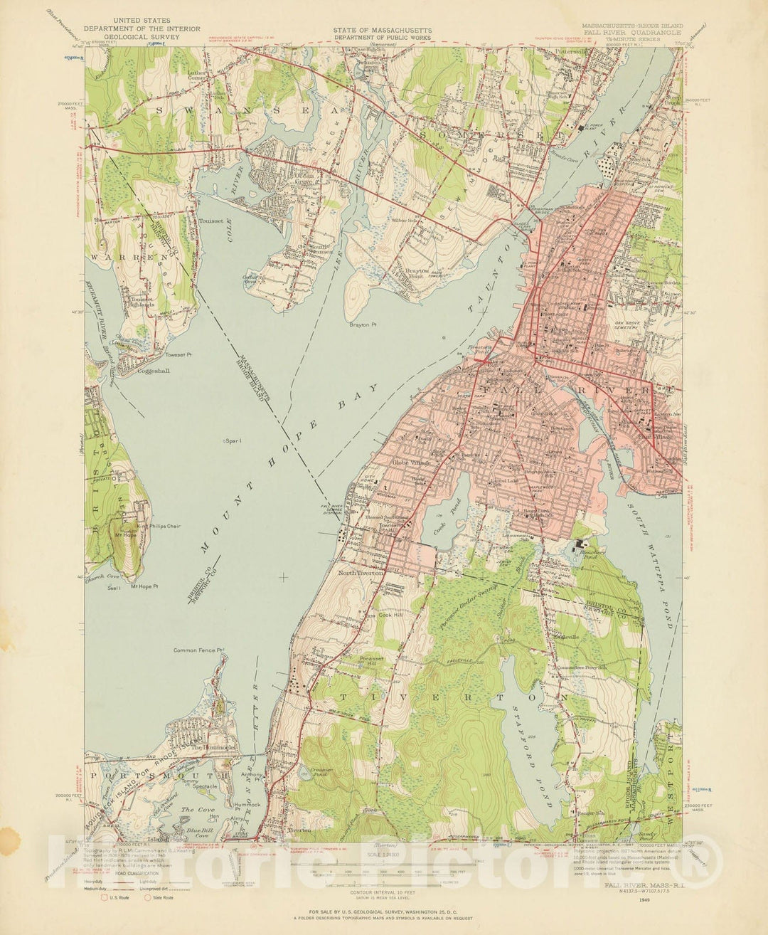 Historic Map : USGS 7.5 Minute Sheets and Quadrangles, Fall River & Swansea & Tiverton 1949 Topographic Map , Vintage Wall Art