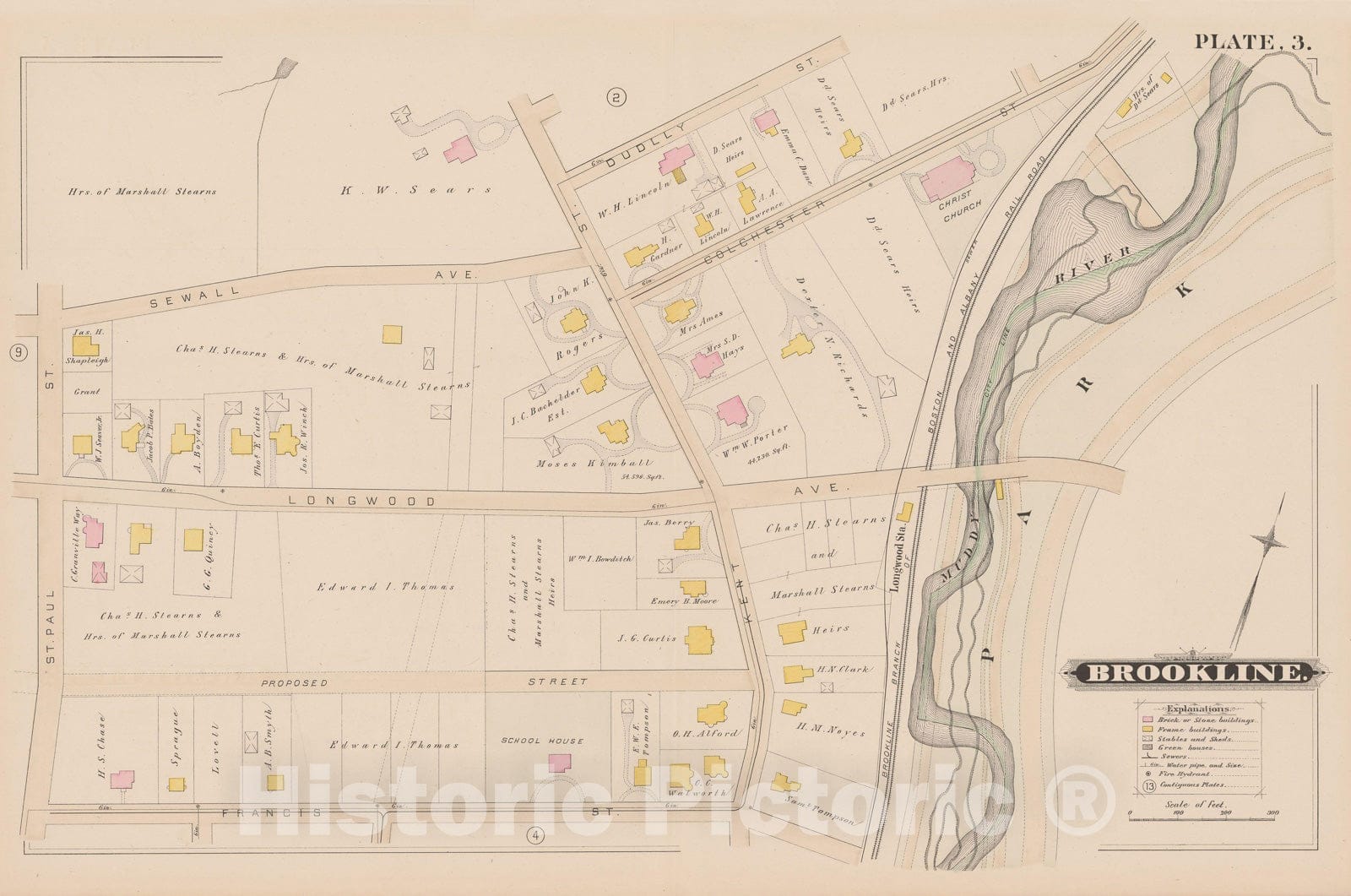 Historic Map : Atlas of Brookline, MA, Brookline 1884 Plate 003 , Vintage Wall Art