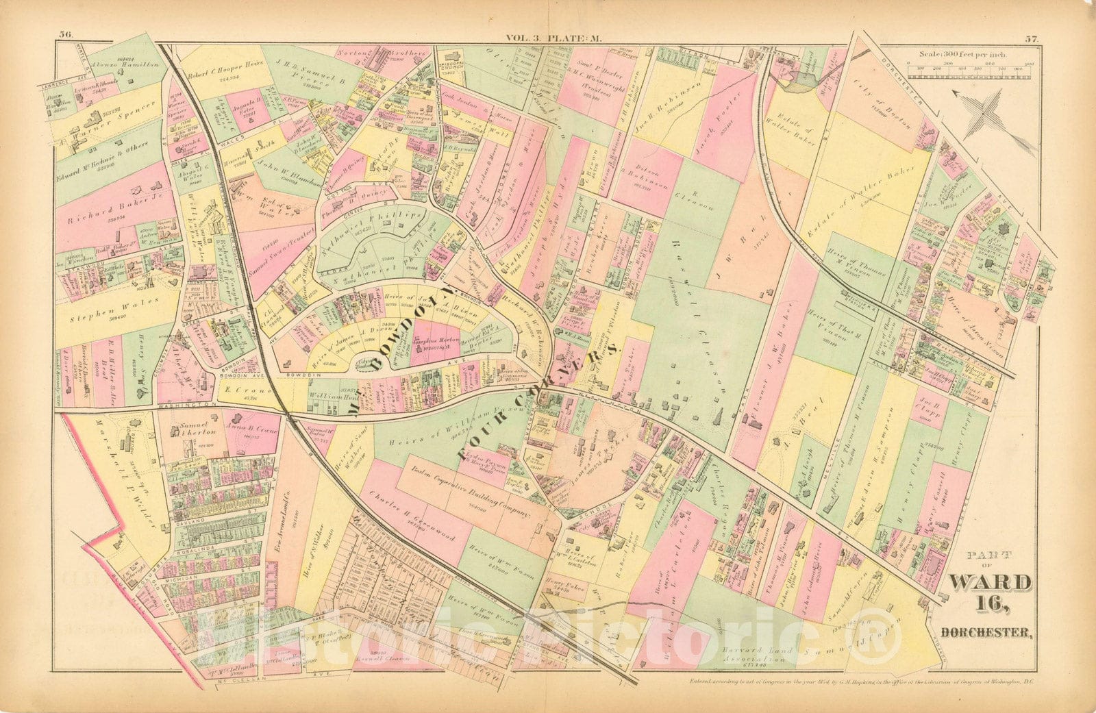 Historic Map : Atlas of County of Suffolk, MA Vol. 3rd, Dorchester 1874 Plate M , Vintage Wall Art