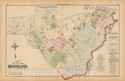 Historic Map : Atlas Town of Brookline, Brookline 1874 Plate H , Vintage Wall Art