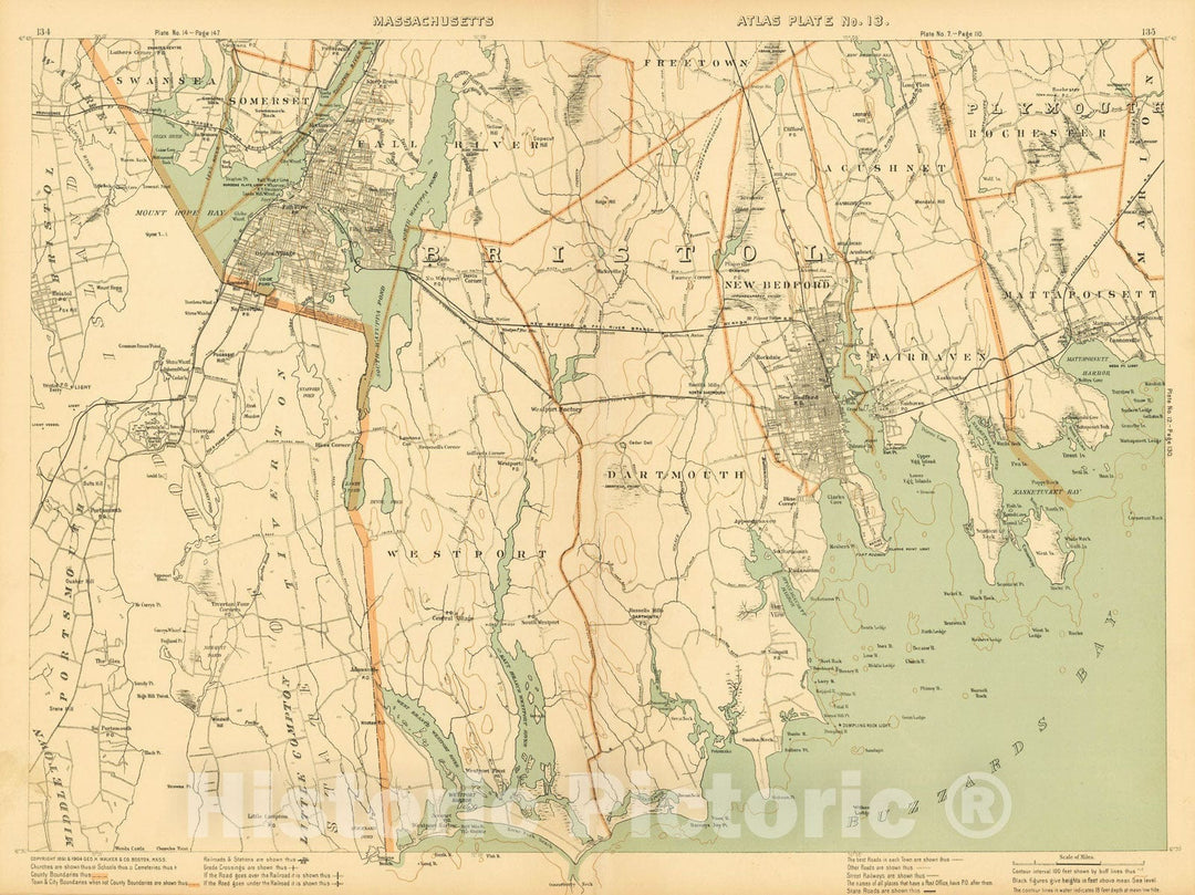Historic Map : Atlas of Massachusetts, Dartmouth & Fairhaven & Fall River & Mattapoisett & New Bedford & Westport 1904 Plate 013 , Vintage Wall Art
