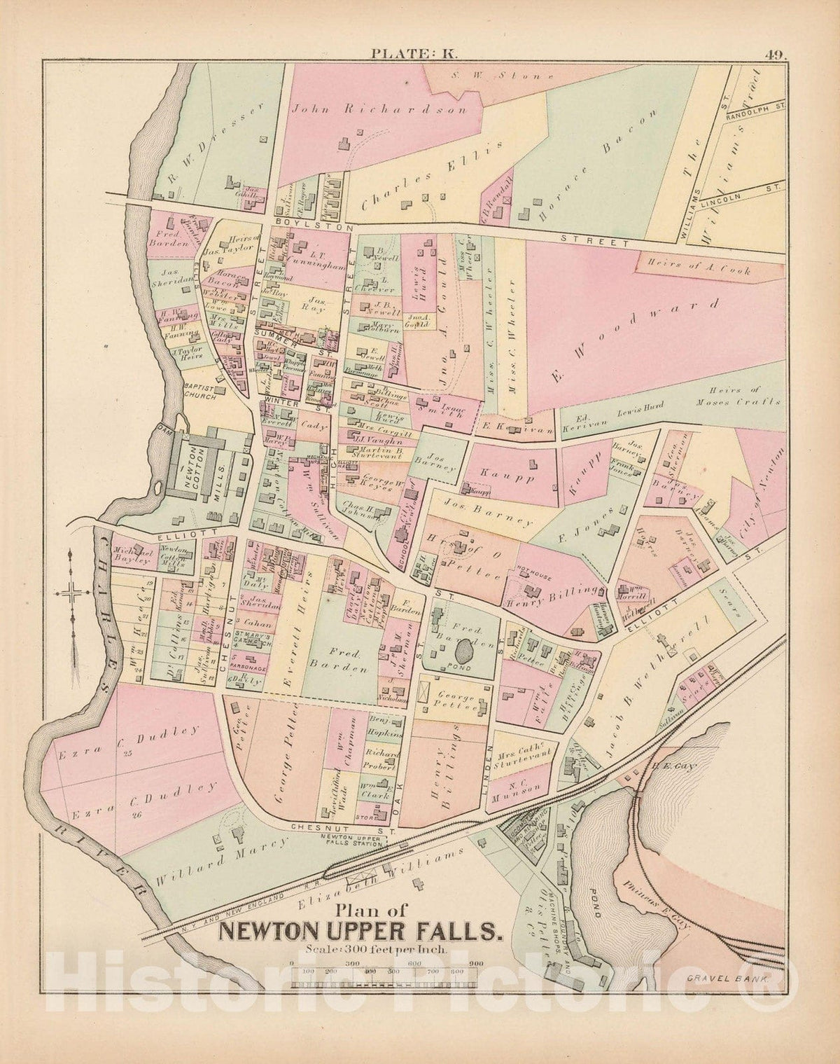 Historic Map : City of Newton, Middlesex County, Newton 1874 Plate K , Vintage Wall Art