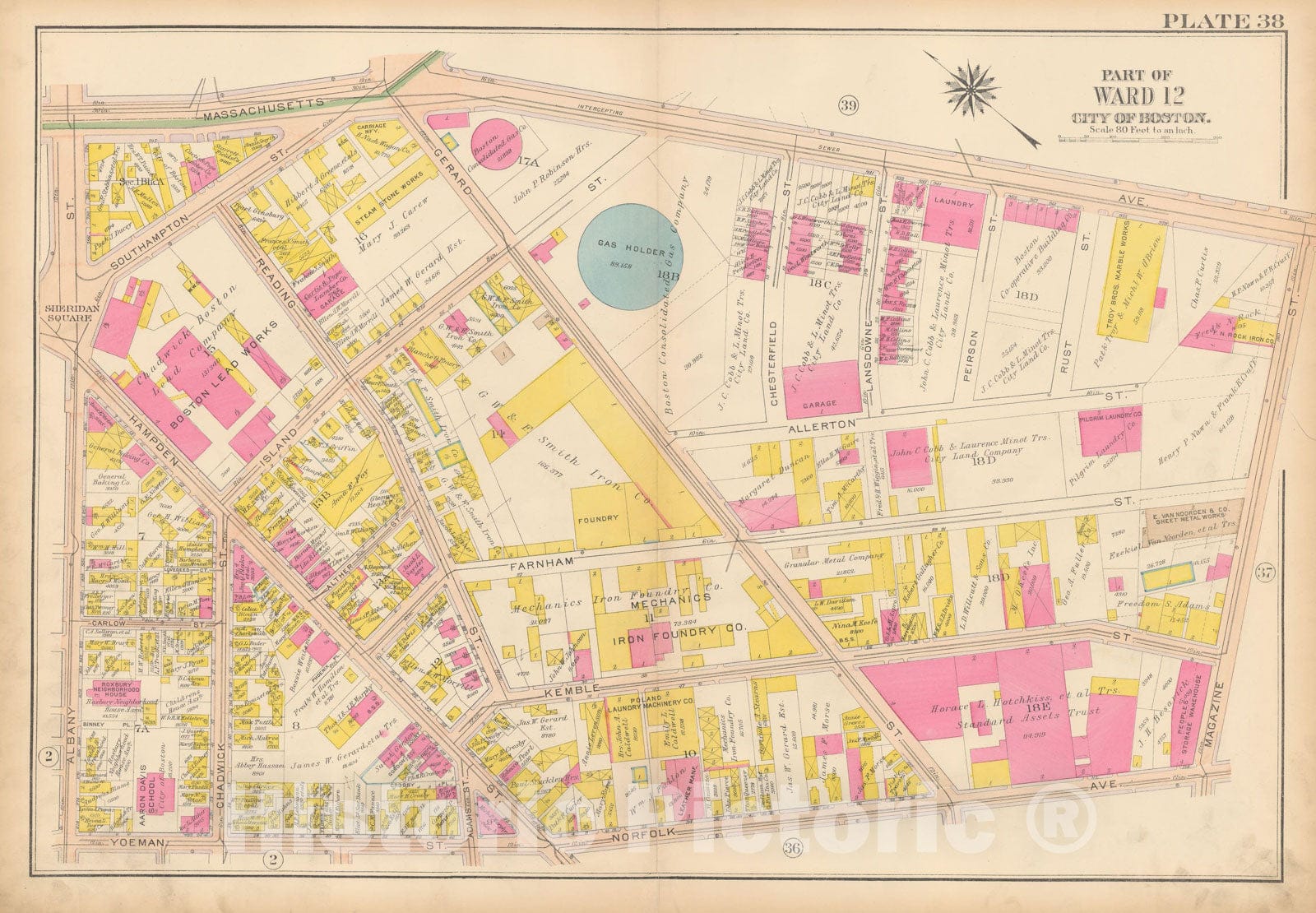 Historic Map : Atlas City of Boston, Roxbury, Roxbury 1915 Plate 038 , Vintage Wall Art