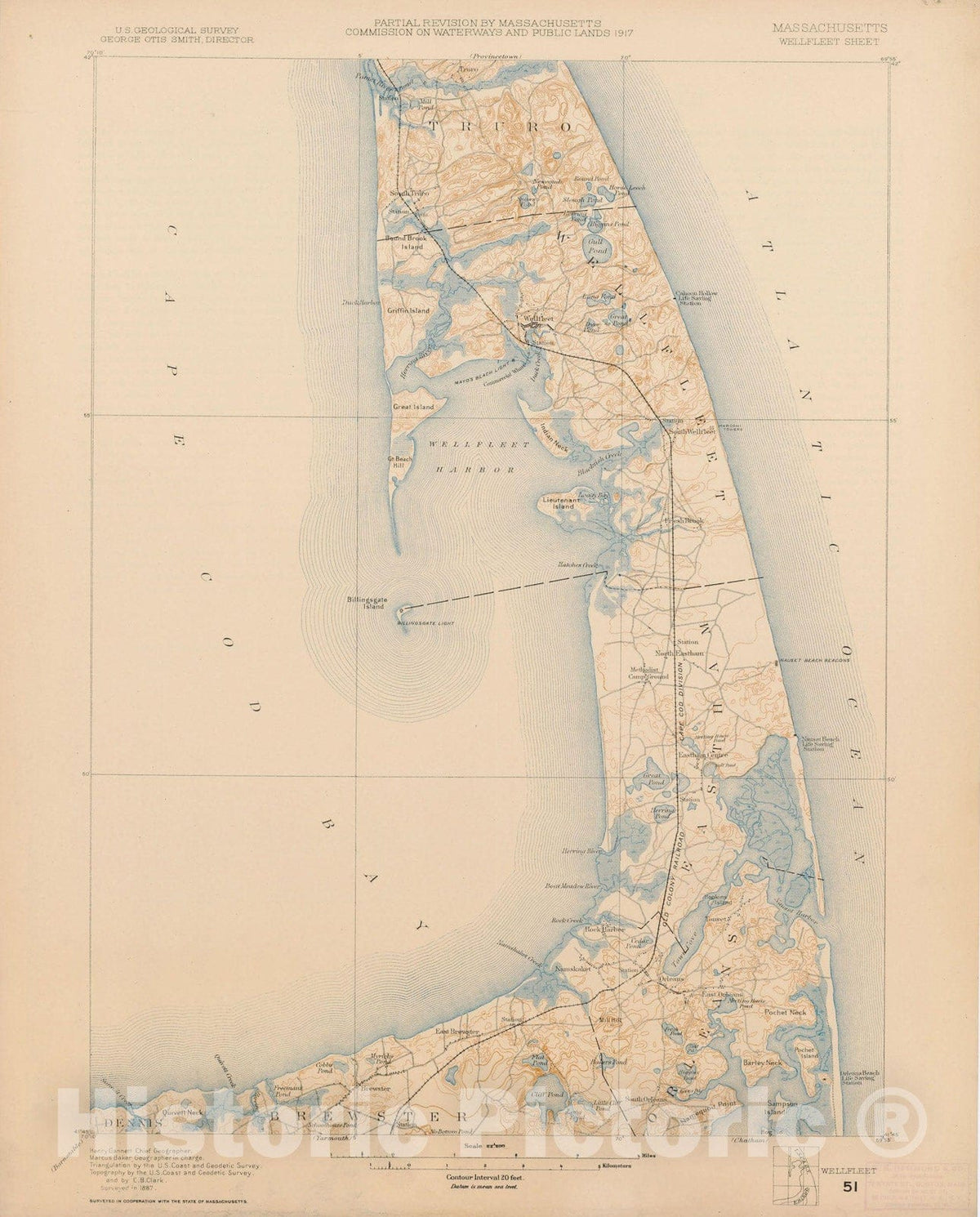 Historic Map : Brewster & Eastham & Orleans & Wellfleet 1917 Topographic Map , Vintage Wall Art