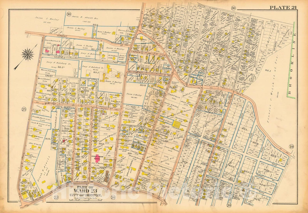 Historic Map : Atlas City of Boston, West Roxbury, Jamaica Plain 1914 Plate 021 , Vintage Wall Art