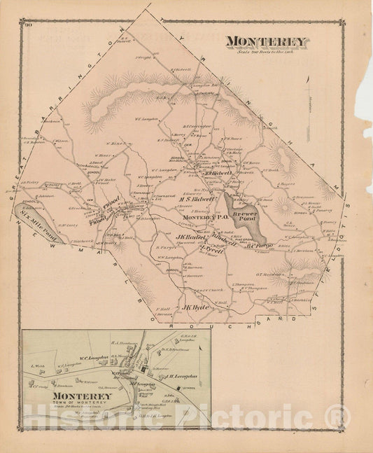 Historic Map : County Atlas of Berkshire County, Monterey 1876 , Vintage Wall Art