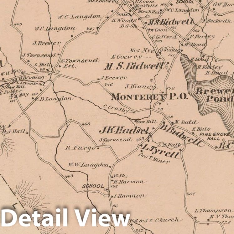 Historic Map : County Atlas of Berkshire County, Monterey 1876 , Vintage Wall Art